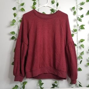 Aerie Womens Med Crew Neck Red Puffed Sleeve Relaxed Cotton Pullover Swe…